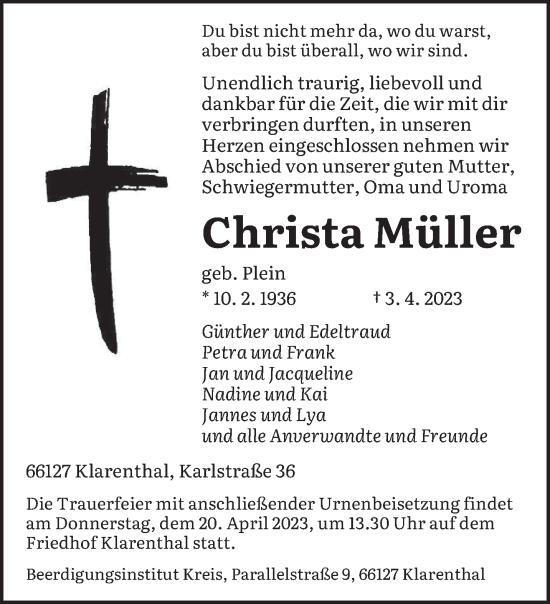 Traueranzeigen Von Christa M Ller Saarbruecker Zeitung Trauer De