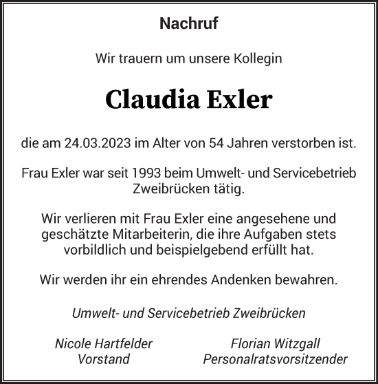 Traueranzeigen Von Claudia Exler Saarbruecker Zeitung Trauer De