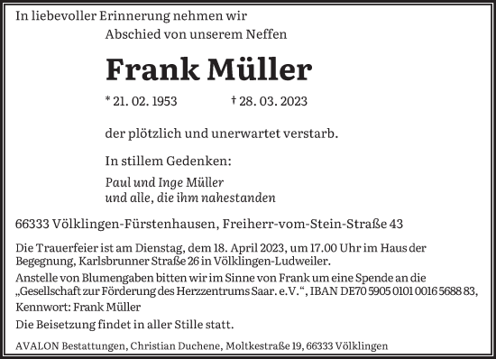 Traueranzeigen Von Frank M Ller Saarbruecker Zeitung Trauer De