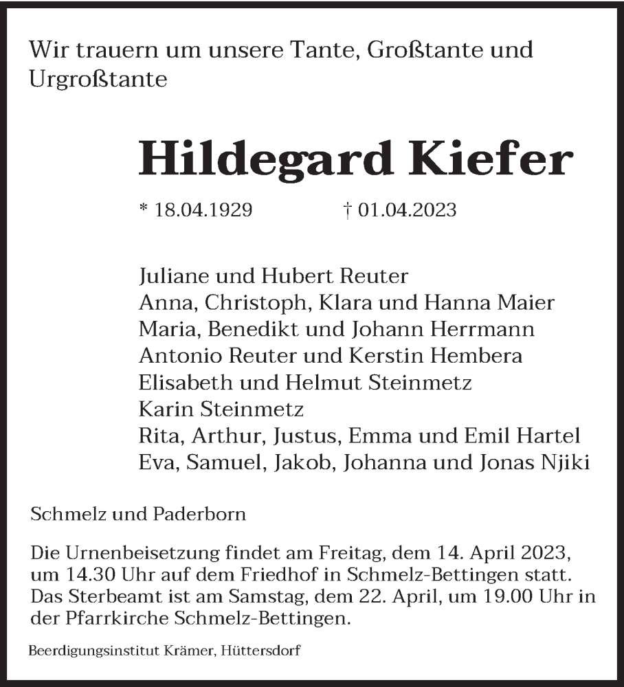 Traueranzeigen Von Hildegard Kiefer Saarbruecker Zeitung Trauer De