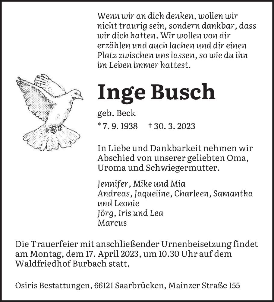 Traueranzeigen Von Inge Busch Saarbruecker Zeitung Trauer De