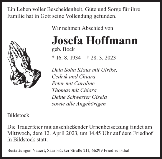 Traueranzeigen Von Josefa Hoffmann Saarbruecker Zeitung Trauer De