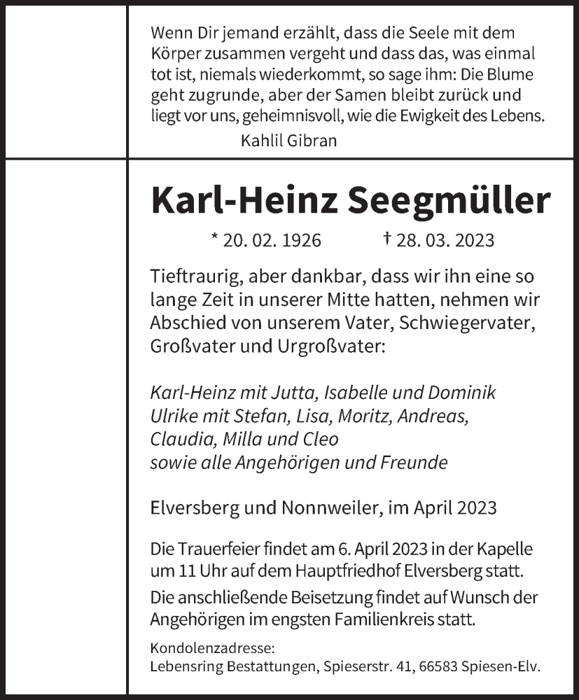 Traueranzeigen von Karl Heinz Seegmüller Saarbruecker Zeitung Trauer de