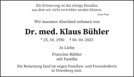 Traueranzeigen von Klaus Bühler Saarbruecker Zeitung Trauer de