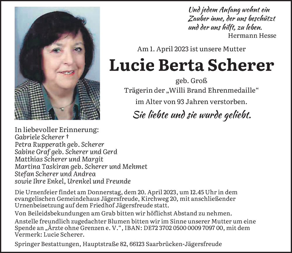 Traueranzeigen Von Lucie Berta Scherer Saarbruecker Zeitung Trauer De