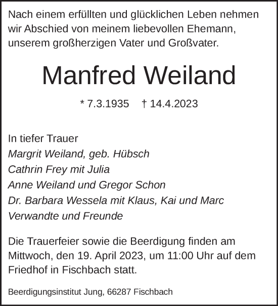 Traueranzeigen Von Manfred Weiland Saarbruecker Zeitung Trauer De