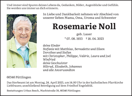 Traueranzeigen Von Rosemarie Noll Saarbruecker Zeitung Trauer De