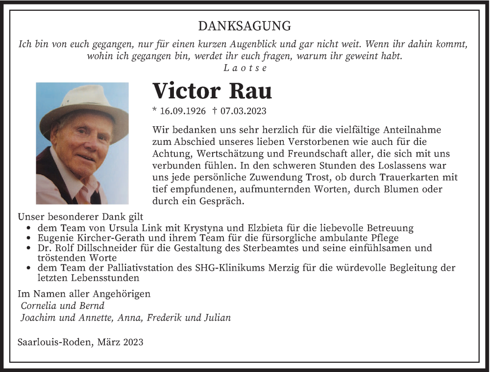 Traueranzeigen Von Victor Rau Saarbruecker Zeitung Trauer De