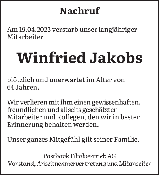 Traueranzeigen Von Winfried Jakobs Saarbruecker Zeitung Trauer De