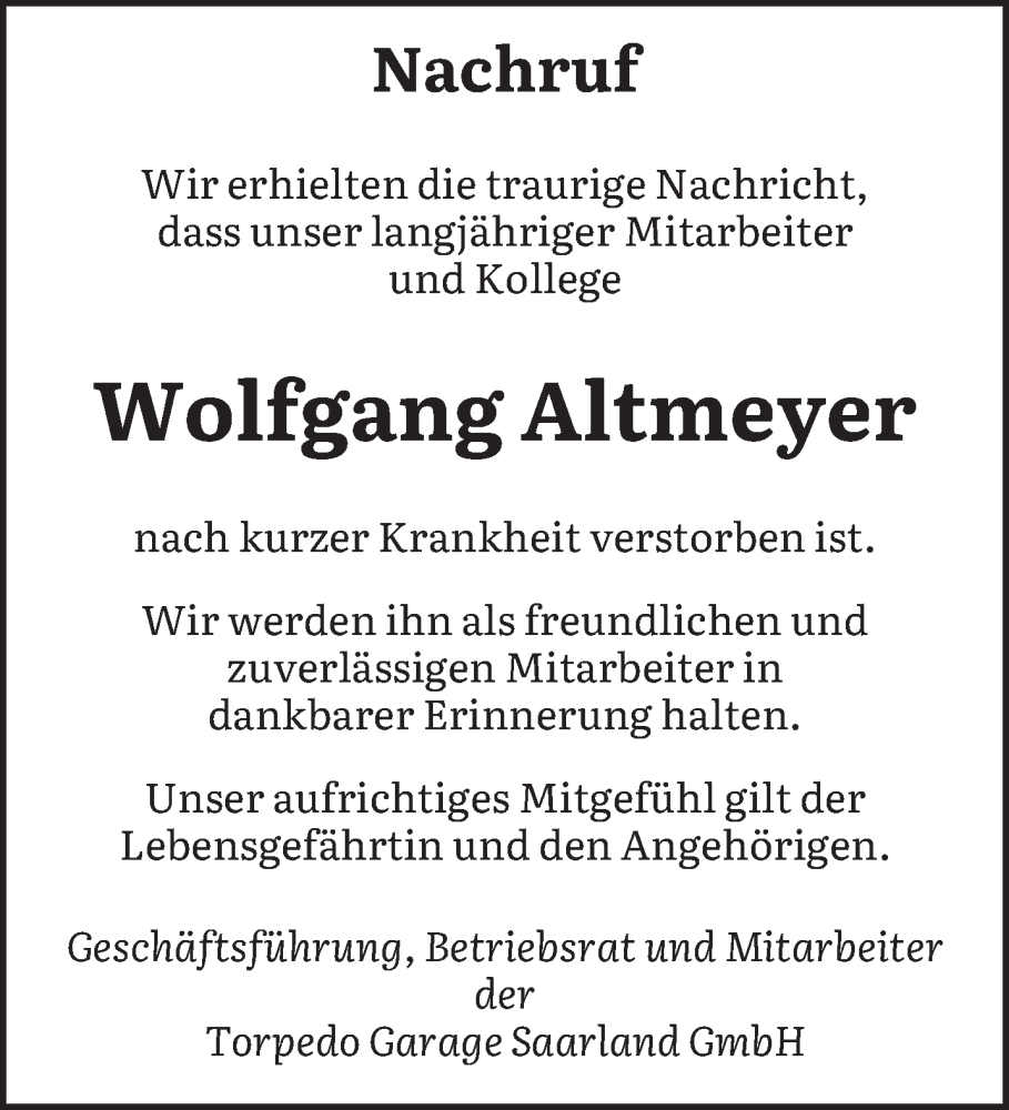 Traueranzeigen Von Wolfgang Altmeyer Saarbruecker Zeitung Trauer De