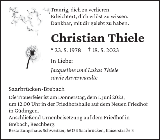 Traueranzeigen Von Christian Thiele Saarbruecker Zeitung Trauer De