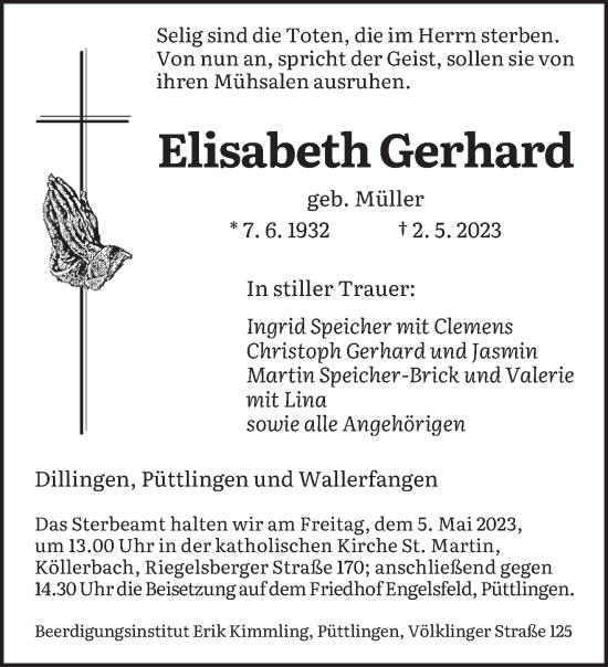 Traueranzeigen Von Elisabeth Gerhard Saarbruecker Zeitung Trauer De