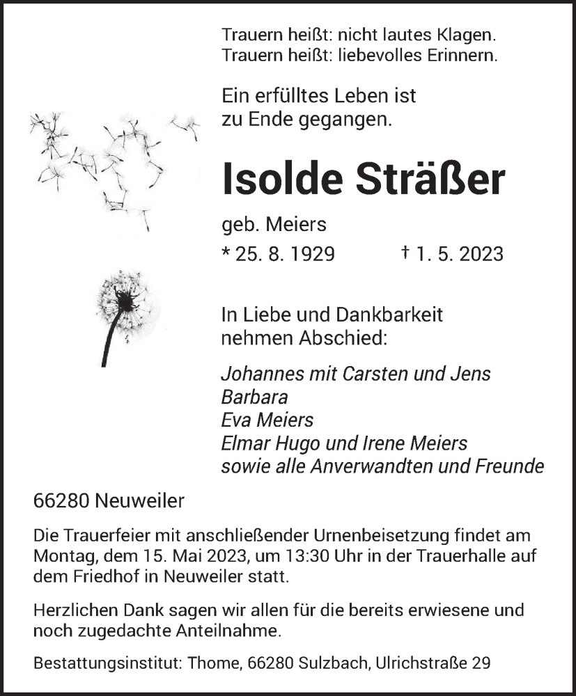 Traueranzeigen von Isolde Sträßer Saarbruecker Zeitung Trauer de