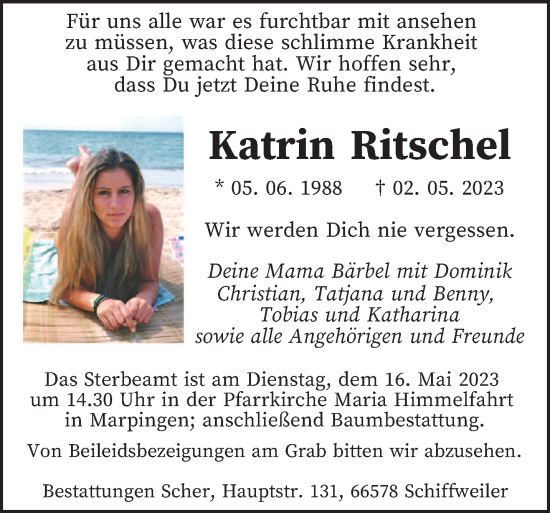 Traueranzeigen Von Katrin Ritschel Saarbruecker Zeitung Trauer De