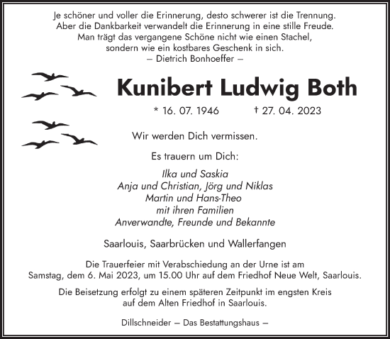 Traueranzeigen Von Kunibert Ludwig Both Saarbruecker Zeitung Trauer De