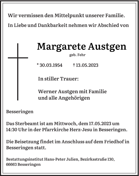 Traueranzeigen Von Margarete Austgen Saarbruecker Zeitung Trauer De