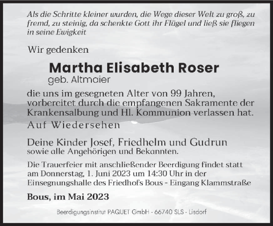 Traueranzeigen Von Martha Elisabeth Roser Saarbruecker Zeitung Trauer De