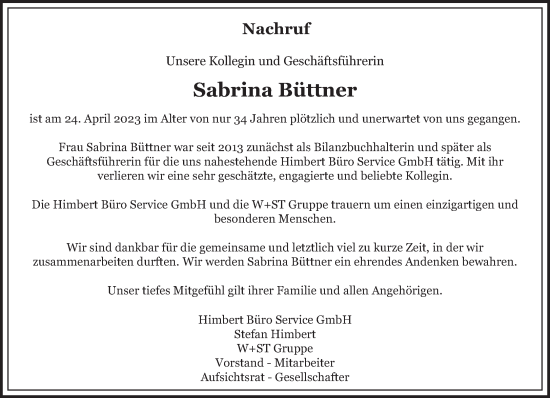 Traueranzeigen von Sabrina Büttner Saarbruecker Zeitung Trauer de