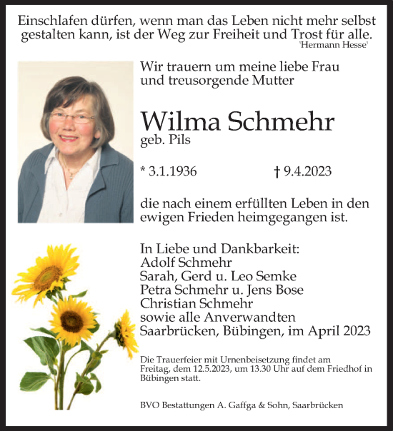 Traueranzeigen Von Wilma Schmehr Saarbruecker Zeitung Trauer De