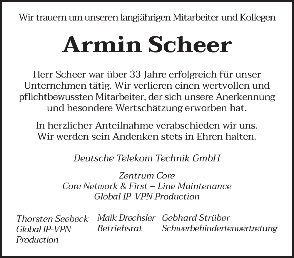 Traueranzeigen Von Armin Scheer Saarbruecker Zeitung Trauer De