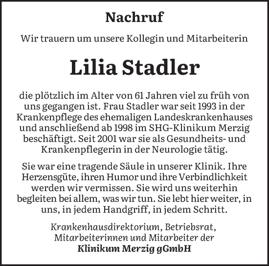Traueranzeige von Lilia Stadler von saarbruecker_zeitung