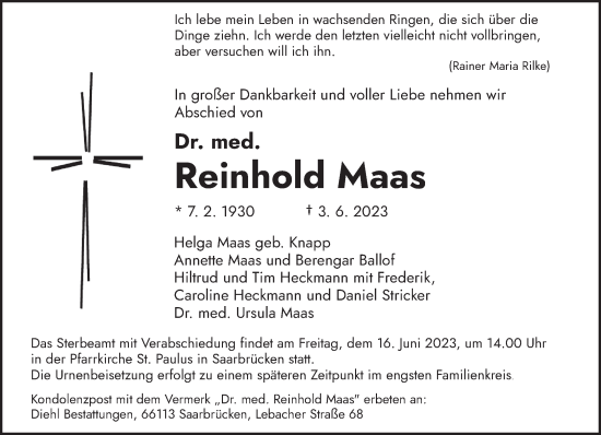 Traueranzeigen Von Reinhold Maas Saarbruecker Zeitung Trauer De