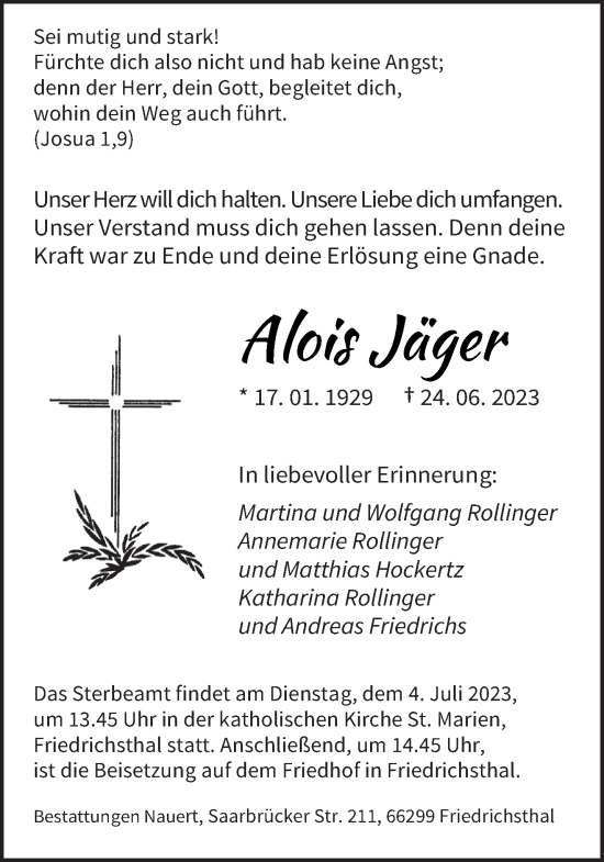 Traueranzeigen von Alois Jäger Saarbruecker Zeitung Trauer de