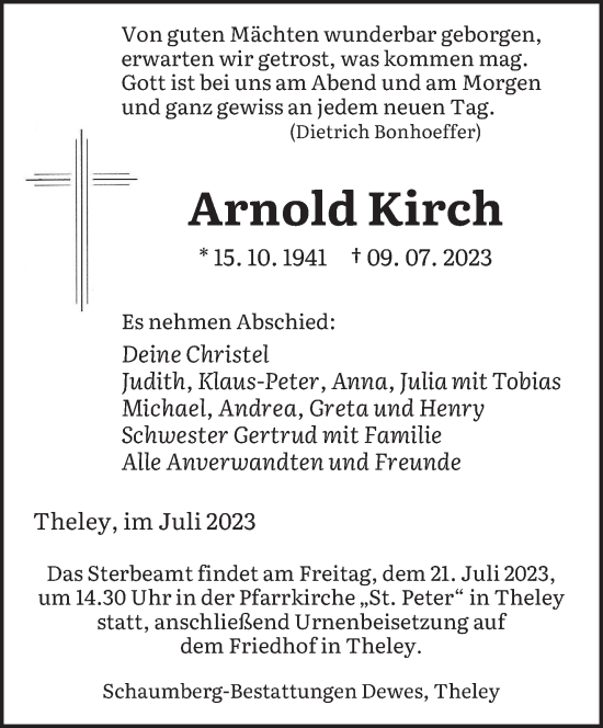 Traueranzeigen Von Arnold Kirch Saarbruecker Zeitung Trauer De