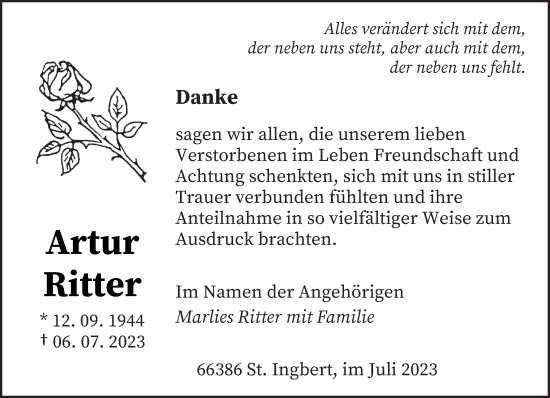 Traueranzeigen Von Artur Ritter Saarbruecker Zeitung Trauer De