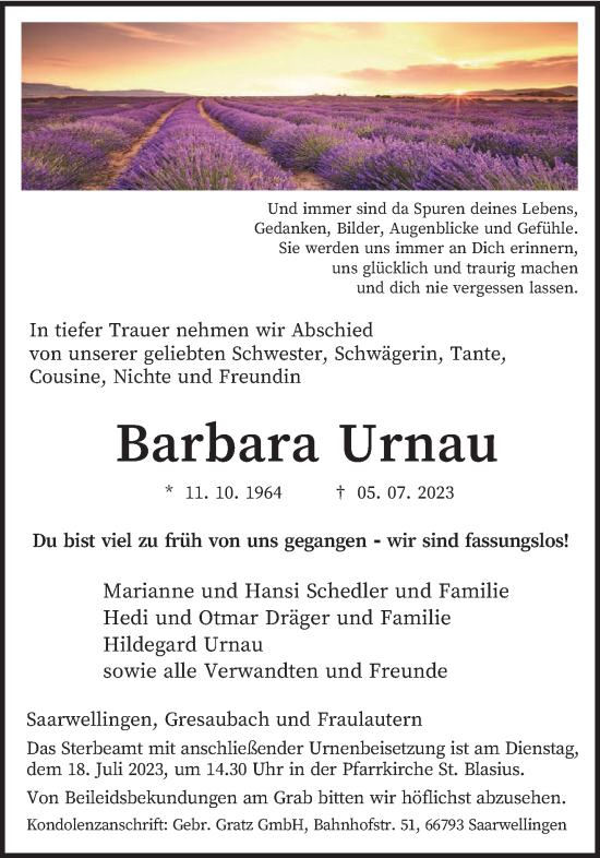 Traueranzeigen Von Barbara Urnau Saarbruecker Zeitung Trauer De