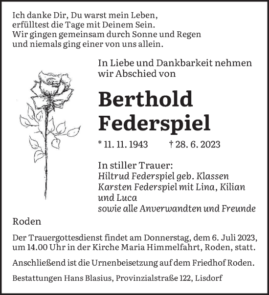 Traueranzeigen Von Berthold Federspiel Saarbruecker Zeitung Trauer De