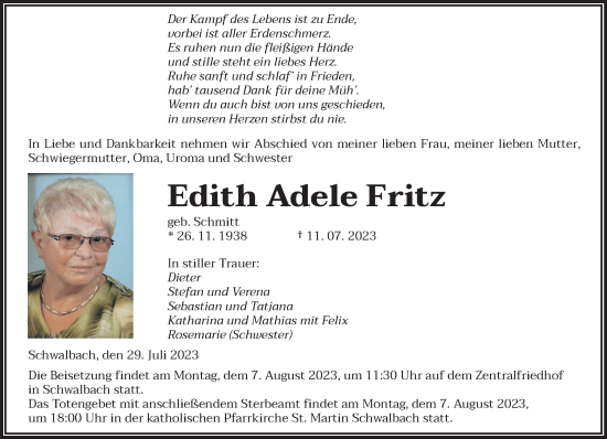 Traueranzeigen Von Edith Adele Fritz Saarbruecker Zeitung Trauer De