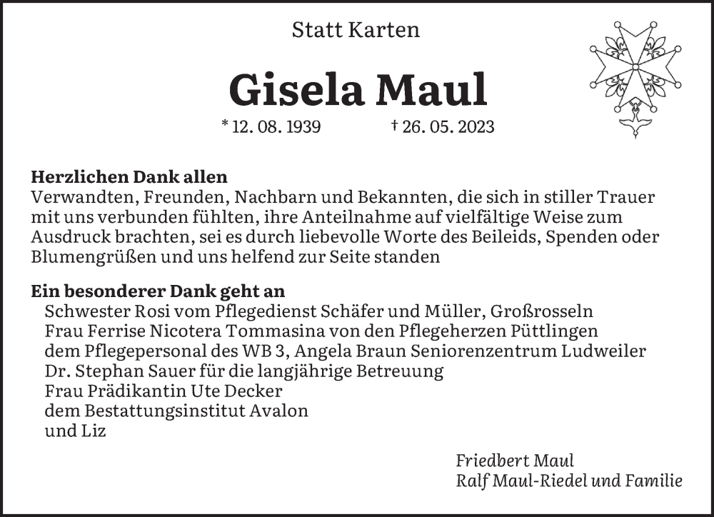 Traueranzeigen Von Gisela Maul Saarbruecker Zeitung Trauer De