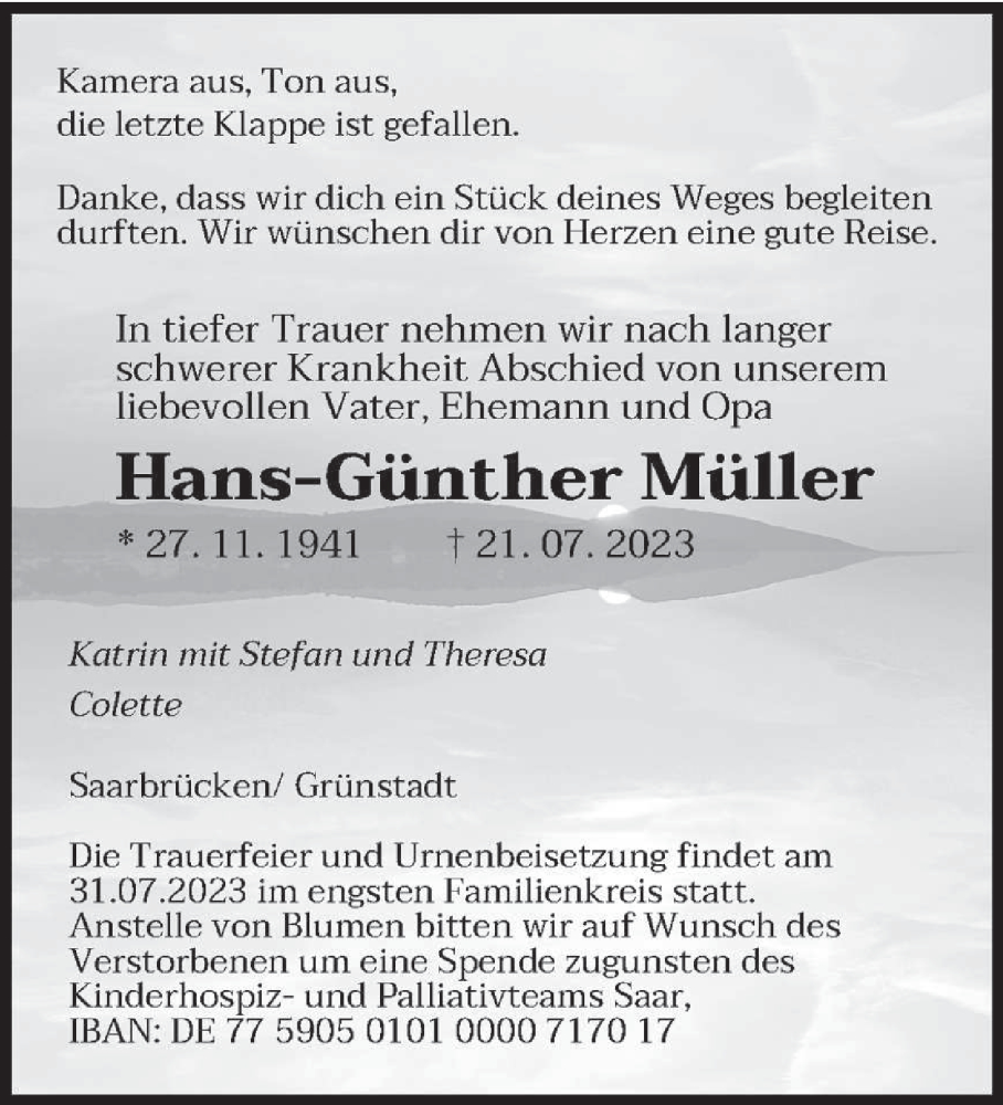 Traueranzeigen Von Hans G Nther M Ller Saarbruecker Zeitung Trauer De