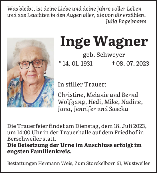 Traueranzeigen Von Inge Wagner Saarbruecker Zeitung Trauer De