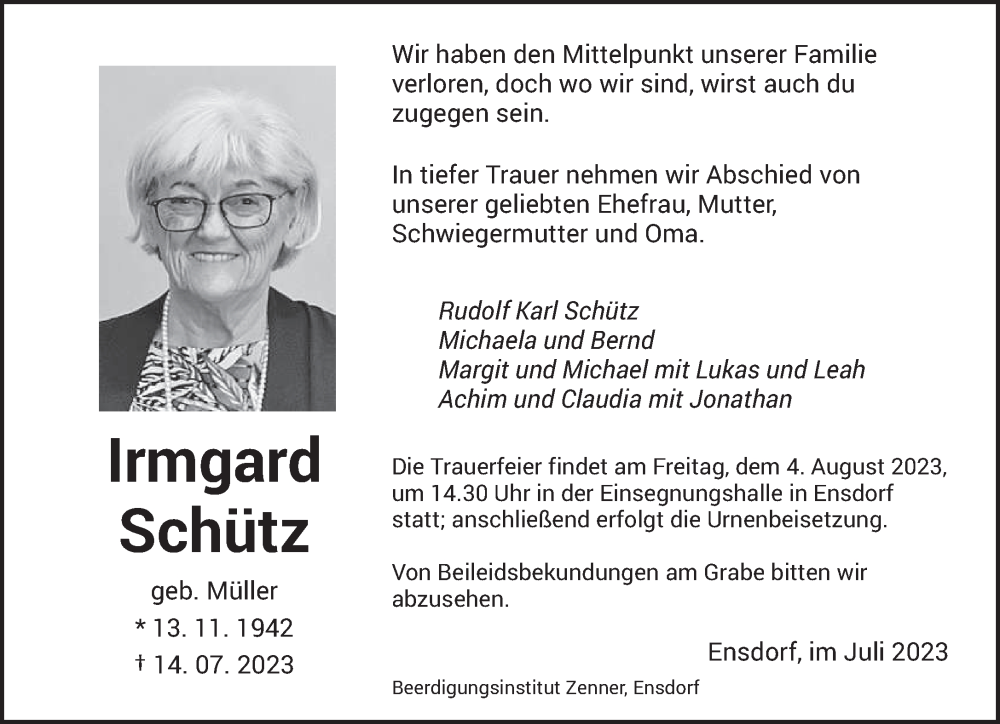 Traueranzeigen von Irmgard Schütz Saarbruecker Zeitung Trauer de