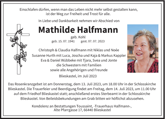 Traueranzeigen Von Mathilde Halfmann Saarbruecker Zeitung Trauer De