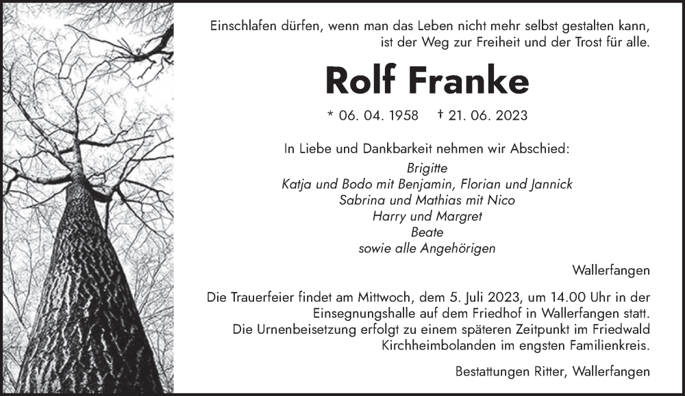 Traueranzeigen Von Rolf Franke Saarbruecker Zeitung Trauer De