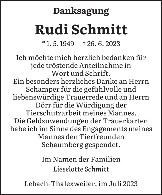 Traueranzeigen Von Rudi Schmitt Saarbruecker Zeitung Trauer De