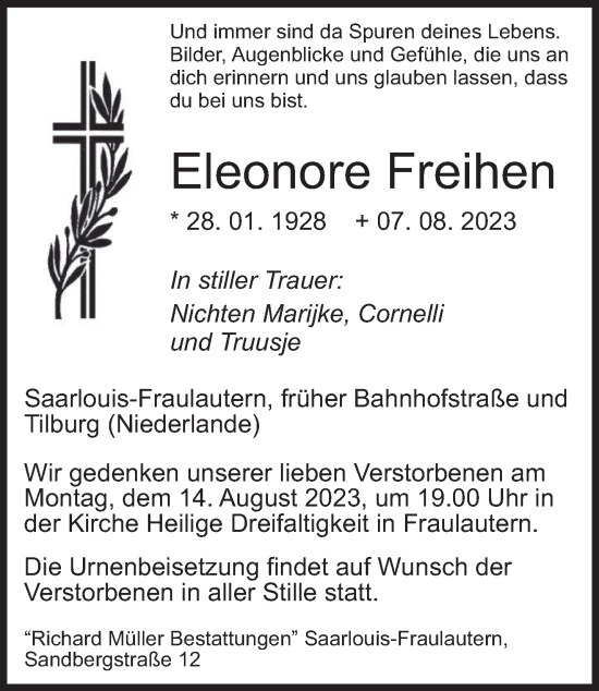 Traueranzeigen Von Eleonore Freihen Saarbruecker Zeitung Trauer De