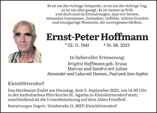 Traueranzeigen Von Ernst Peter Hoffmann Saarbruecker Zeitung Trauer De