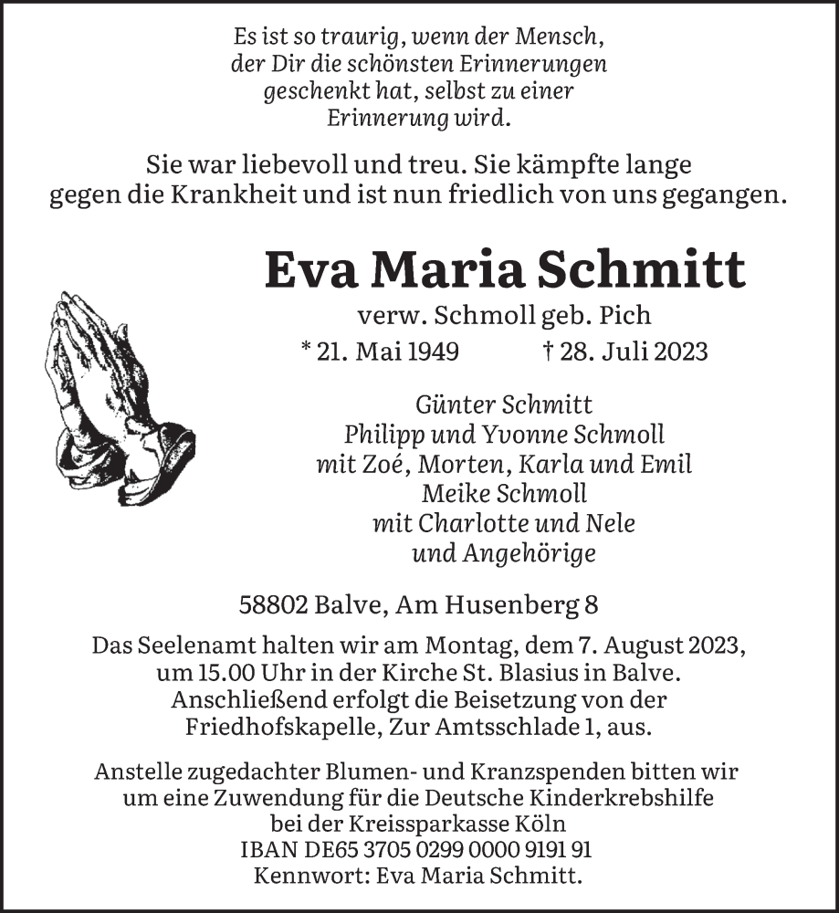 Traueranzeigen Von Eva Maria Schmitt Saarbruecker Zeitung Trauer De