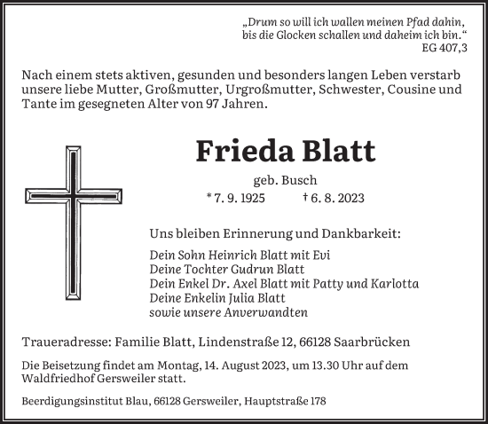 Traueranzeigen Von Frieda Blatt Saarbruecker Zeitung Trauer De