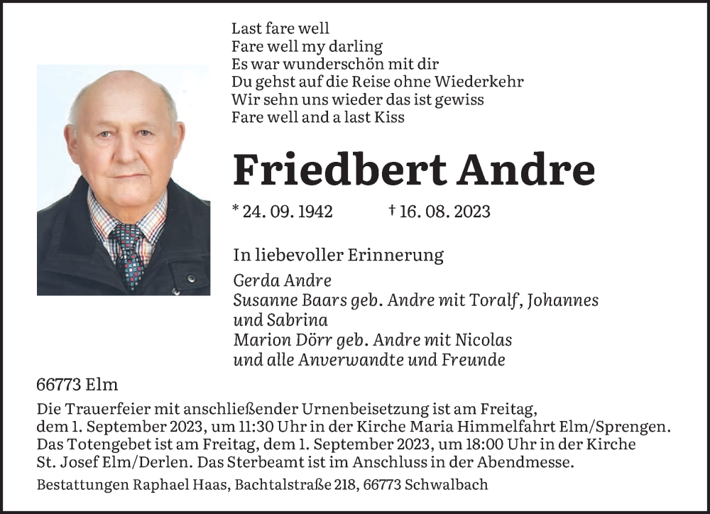 Traueranzeigen Von Friedbert Andre Saarbruecker Zeitung Trauer De