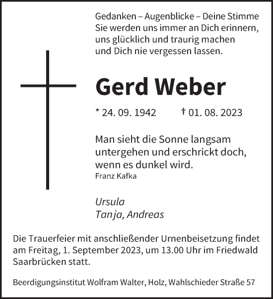 Traueranzeigen Von Gerd Weber Saarbruecker Zeitung Trauer De