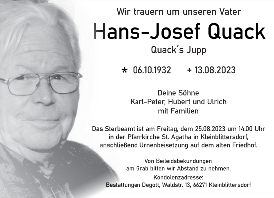 Traueranzeigen Von Hans Josef Quack Saarbruecker Zeitung Trauer De