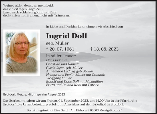 Traueranzeigen Von Ingrid Doll Saarbruecker Zeitung Trauer De