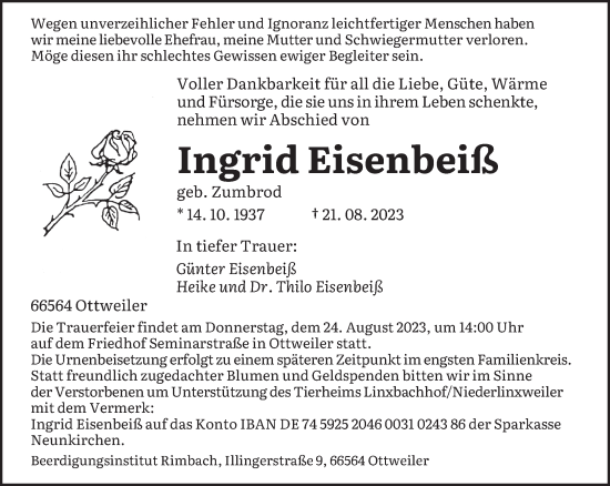 Traueranzeigen Von Ingrid Eisenbei Saarbruecker Zeitung Trauer De