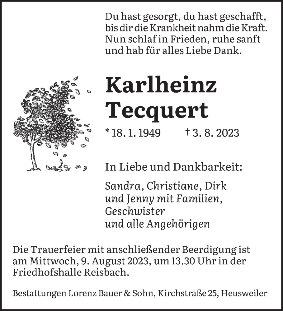 Traueranzeigen Von Karlheinz Tecquert Saarbruecker Zeitung Trauer De