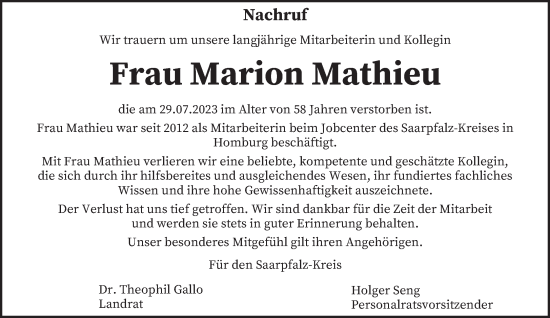 Traueranzeigen Von Marion Mathieu Saarbruecker Zeitung Trauer De